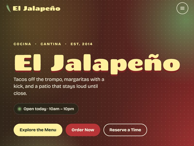 El Jalape&ntilde;o concept site homepage: cocina and cantina hero with Explore the Menu, Order Now, and Reserve a Time buttons